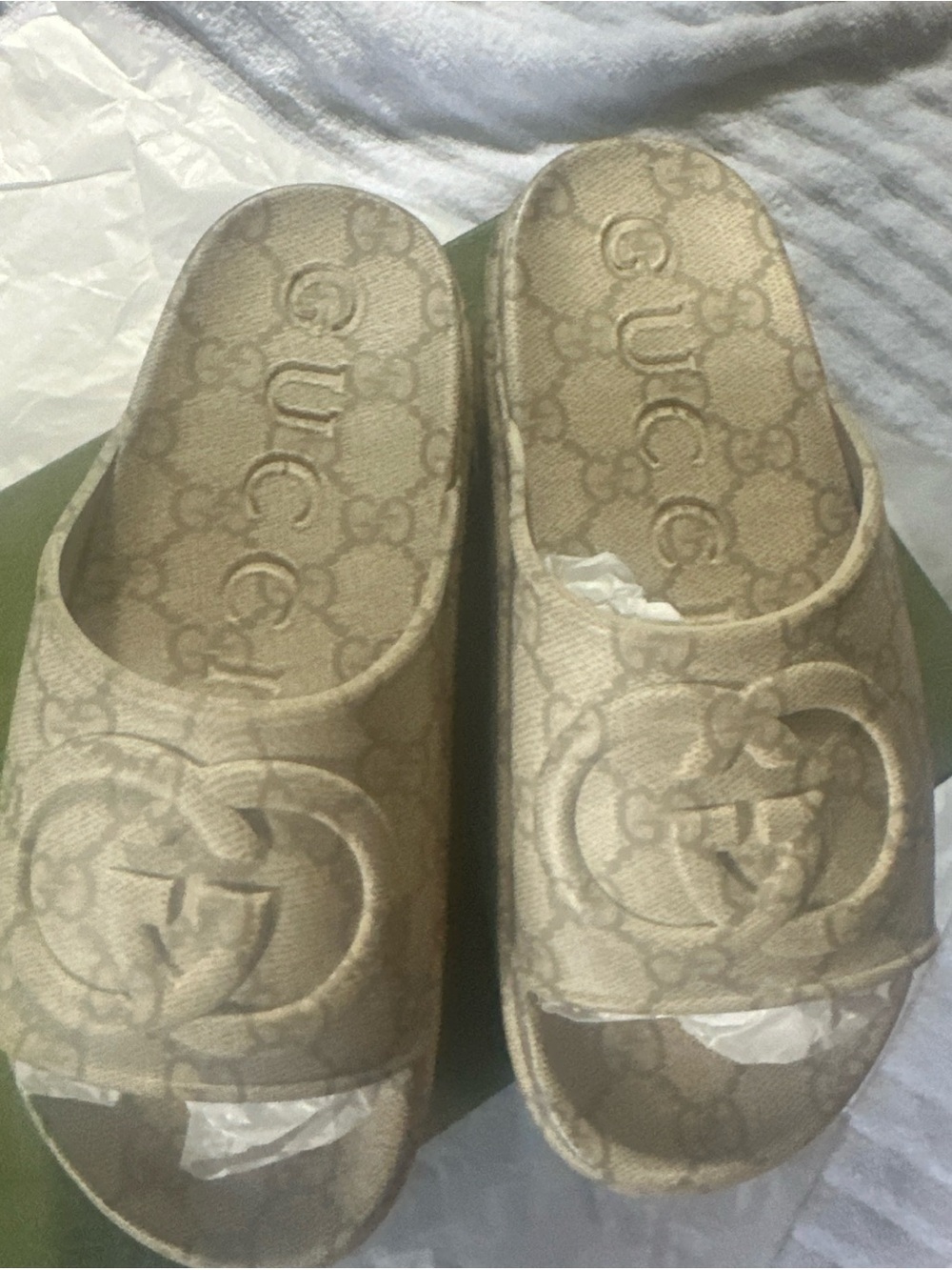 Gucci Beige Monogram Canvas Slide Sandals